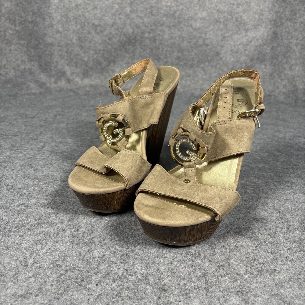 G by Guess GGSEENA-R Platform Wedge Sandals 7M Tan Rhinestone‎ Logo Strappy